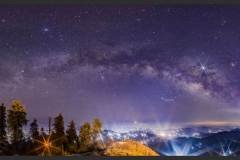 Three  Planets and Milky Way panorama, shot from Surkanda Devi Temple Peak in  the Uttarakhand Himalaya.In this panorama Venus is just rising on the horizon, Jupiter is the brightest and Saturn in the middle of these two.