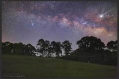 Altair of Aquila Constellation on the left,
Saturn, shy behind the pine tree,
Jupiter shining bright riding on the Dark Horse of the Milky Way (top right)This image was shot in the small hours of 7 April 2019 from Ranikhet Golf Course.Standing at the Himalayan dark location of Ranikhet Golf, with no lights in the vicinity, a summer moonless night, we can trace the path of the Milky Way across the entire heavens, as a wide glowing band, from the Perseus-Cassiopeia region, through the bright star clouds of Cygnus, and then southwards through Aquila and Scutum, to the culminating splendour of the Sagittarius cloud above the southern horizon. We can follow the course of the "Great Rift" which divides the Milky Way into two parallel streams all the way. The Rift, of course, is nothing more than the dark band of dust clouds, not illuminated by any star.From the Earth we are looking at our own Galaxy - up close.