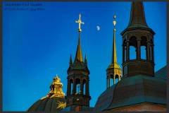 Riddarholmen Church, Stockholm,
First Quarter Moon and clear blue sky